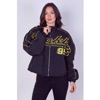 ELAINA FASHION Women's Oversized Elaina Zip-Up Racer Bomber Jacket in Black | Size: 8