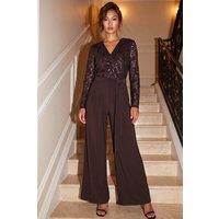 Roman Women's Sequin Lace V-Neck Stretch Jumpsuit in Chocolate | Size: 20