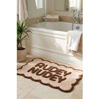 Mooky Mats Rudey Nudey Slogan Scalloped Bath Mat in Beige
