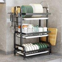 FORGEVIO 3 Tier Dish Drainer Rack with Drip Tray Cutlery Holder in Black | Size: 0.6m2
