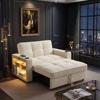 FENCHILIN 2-Seater Pull Out Sofa Bed with Lighting Side Storage Cup Holders in Beige