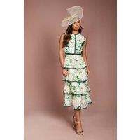 Coast Women's Lace Trim Tiered Printed Organza Midi Dress in Ivory | Size: 14