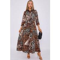 Love Sunshine Women's Mixed Brown Leopard Print Satin Maxi Shirt Dress | Size: 16