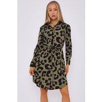 Love Sunshine Women's Khaki Leopard Print Mini Shirt Dress in Green | Size: 16