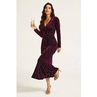 FS Collection Women's Floral Velvet Devore Ruched Long Sleeve Midi Dress in Wine | Size: 16