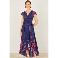 Yumi Women's Floral Mirror Wrap Dress With Dip Hem in Navy | Size: 22