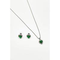 SVNX Women's Emerald Diamante Heart Necklace &Earrings Set in Silver