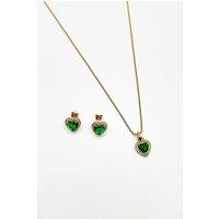 SVNX Women's Emerald Green Diamante Heart Necklace & Earrings Set in Gold