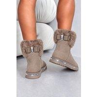 Love Lemonade Women's Crystal Faux Suede Snuggle Cloud Cuff Faux Fur Boots in Light Brown | Size: 5