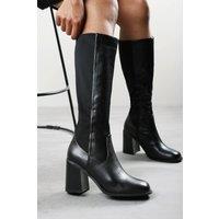 Where's That From Women's 'Nylis' Stretch Panel Knee High Flared Block Heel Boots in Black | Size: 7