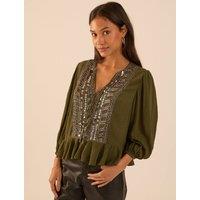 Rose & Nancy Women's Hailey Khaki Frill Mirror Embellished Blouse in Brown | Size: XS