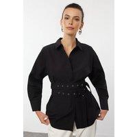 WOVCOR Women's Woven Shirt With Double-Belt Waist Detail in Black | Size: 8