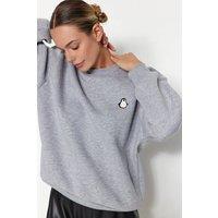 WOVCOR Women's Embroidered Animal Fleece Sweatshirt in Grey | Size: Large