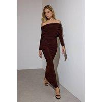 WOVCOR Women's Off Shoulder Ruched Maxi Knit Dress in Brown | Size: Medium