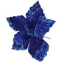 KDMD Royal Blue Velvet Poinsettia with Glitter Edge H24cm 3 Pack