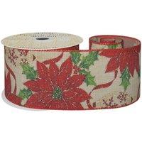 KDMD Natural Wired Ribbon with Red Poinsettia 63mm x 10 yards