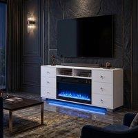FENCHILIN Electric Fireplace TV Stand with 6 Drawers RGB LED Lighting Base 140cm in White