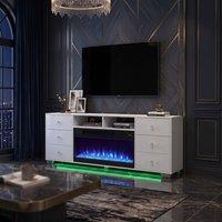FENCHILIN Electric Fireplace TV Stand with 6 Drawers RGB LED Lighting Base 180cm in White