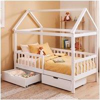 tectake Children's Bed Hailey Pine Wood With Drawers, Safety Rail in White | Size: EU Single
