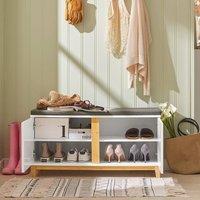 SoBuy Entrance Storage Bench - Padded Seat & Dual Doors - Modern in White | Size: 90 cm x 35 cm