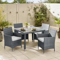 FurnitureboxUK Barbados Rattan Outdoor Garden Dining Set, PE Rattan & Cushions, 4 Chairs 1 Square Glass Top Outdoor Table in Grey