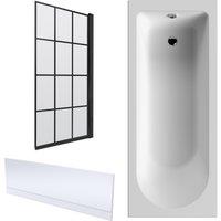 Balterley Round 1700x750 Shower Bath Set - Panel, Black Square Screen & Leg set in White