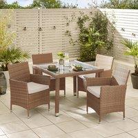 FurnitureboxUK Barbados Rattan Outdoor Garden Dining Set, PE Rattan & Cushions, 4 Chairs 1 Square Glass Top Outdoor Table in Light Brown