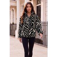 AX Paris Women's Black & Cream Animal Print Zip-Up Teddy Jacket | Size: Medium/Large