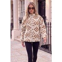 AX Paris Women's Camel Geo Print Zip-Up Teddy Jacket | Size: S/M