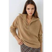 MyFashion Women's Oversized Ribbed Knit Sweater with Zipper Collar in Camel