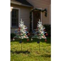 Living and Home 2Pcs Mini Solar-Powered Frosted Outdoor Christmas Trees with Lights