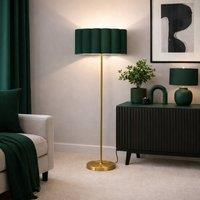 CGC Lighting Lena Brushed Gold Straight Floor Lamp with Large Scalloped Lampshade in Dark Green