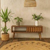 Wyld Haus Rimini Chestnut Mango Wood TV Media Unit with Sliding Carved Door in Brown