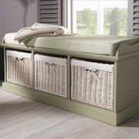 Statement Furniture Tetbury Bench with 3 White Wicker Baskets & Cream Cushion in Light Green