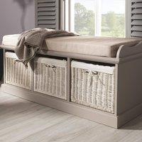 Statement Furniture Tetbury Bench with 3 White Wicker Baskets & Cream Cushion in Taupe