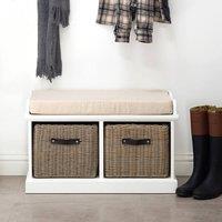 Statement Furniture Tetbury Bench with 2 Brown Faux Rattan Baskets & Cream Cushion in White