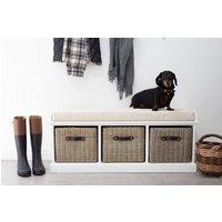 Statement Furniture Tetbury Bench with 3 Brown Faux Rattan Baskets & Cream Cushion in White