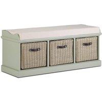 Statement Furniture Tetbury Bench with 3 Brown Faux Rattan Baskets & Cream Cushion in Light Green