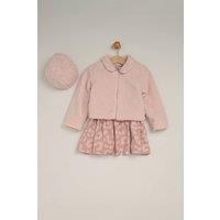 Miss Girl's 3 Piece Faux Fur Jacket & Printed Dress Set with Beret in Pink | Size: 5 Years