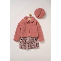 Miss Girl's 3 Piece Faux Fur Jacket & Leopard Print Dress Set with Beret in Pink | Size: 3 Years