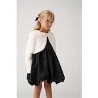 Miss Girl's Bubble Hem Satin Dress, Faux Fur Cardigan & Bow Clip Set in Black | Size: 5 Years