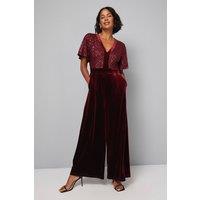 Wallis Women's Sequin Contrast Velvet Jumpsuit in Wine | Size: 10