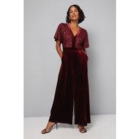 Wallis Women's Sequin Contrast Velvet Jumpsuit in Wine | Size: 18