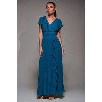 Jolie Moi Women's Pleated Frill Detail Chiffon Maxi Dress in Teal | Size: 12
