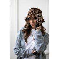 SVNX Women's Leopard Plush Print Bucket Hat & Gloves Set in Brown