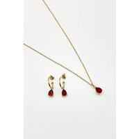 SVNX Women's Rhinestone Teardrop Necklace & Earrings Set - Gift Boxed in Red