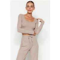 WOVCOR Women's Soft Knit Crop Top & Wide Leg Pant Set in Beige | Size: Large