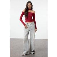 WOVCOR Women's Choker Detailed Fitted Crop Ribbed Knit Blouse in Burgundy | Size: Small