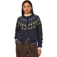 Celtic & Co Women's British Wool Geo Fair Isle Yoke Cardigan in Dark Navy | Size: Small