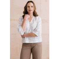Lily & Me Women's Zoe Jacquard Cotton 3/4 Sleeve Blouse with Scalloped Mandarin Collar in White | Size: 8